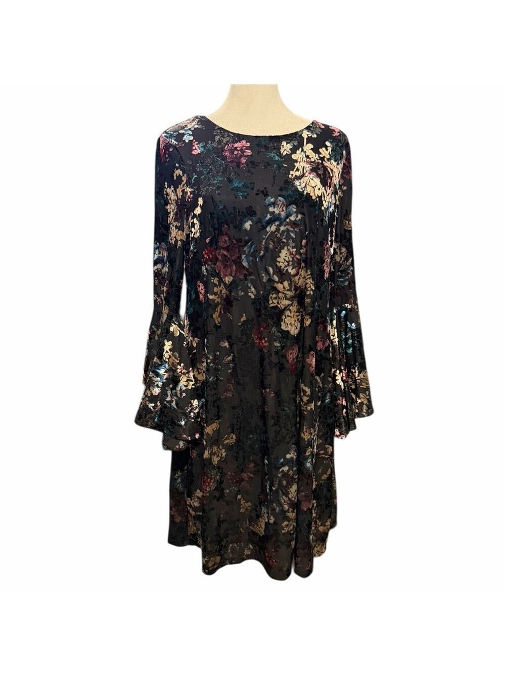 Nine West Velvet Floral Burnout Dress 3/4 Bell Sleeves Size 8 EC